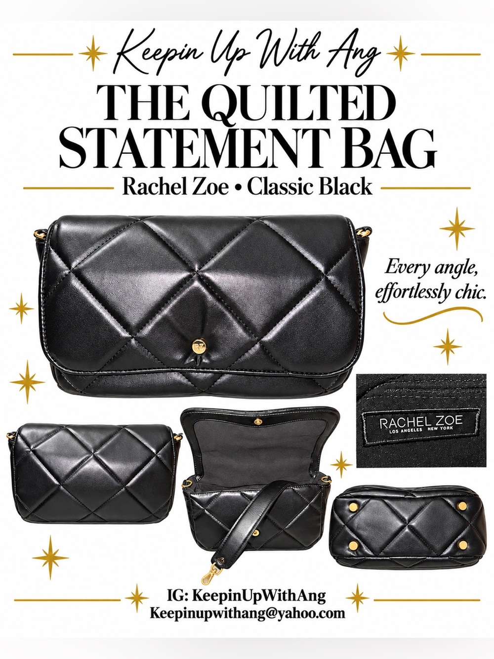 Rachel Zoe Black Quilted Crossbody Bag with Gold Hardware